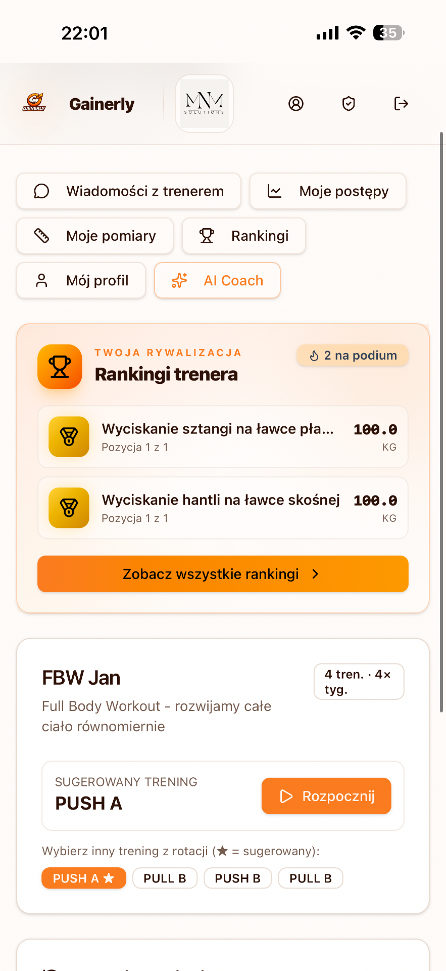 Aplikacja Gainerly — dashboard trenera